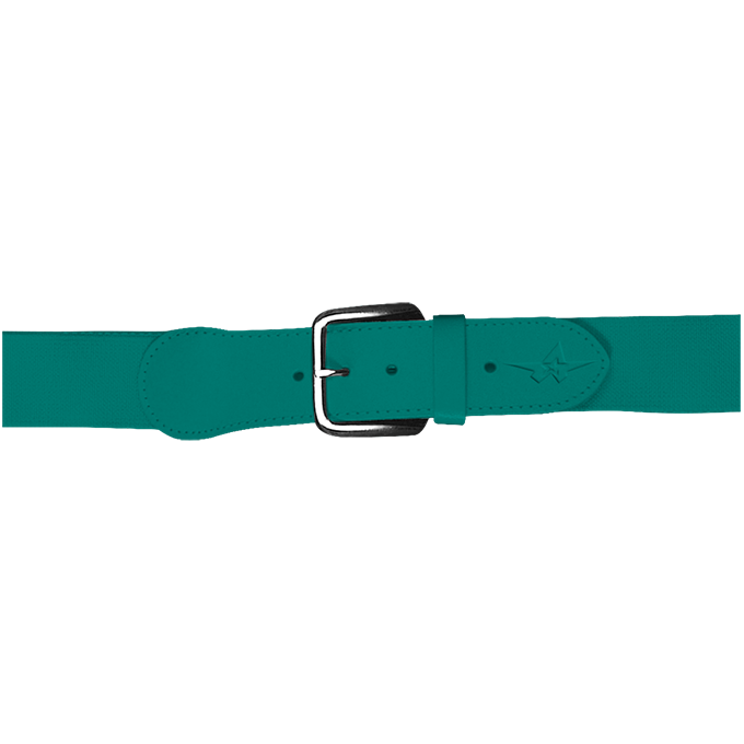 Teal belt with a silver buckle on a white background