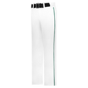 White pants with a green stripe and black belt on a white background
