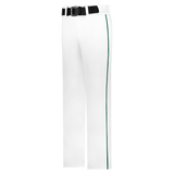 White pants with a green stripe and black belt on a white background