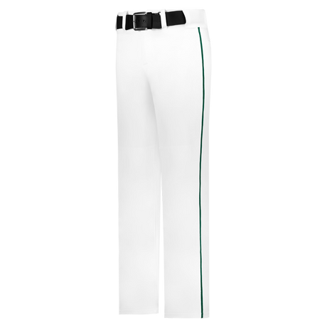 White pants with a green stripe and black belt on a white background