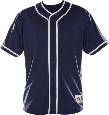 Navy blue baseball jersey with white accents on a white background