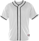 White baseball jersey with black accents on a white background