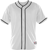 White baseball jersey with black accents on a white background