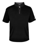 Black short-sleeve pullover with a quarter zip on a white background