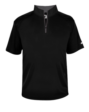 Black short-sleeve pullover with a quarter zip on a white background
