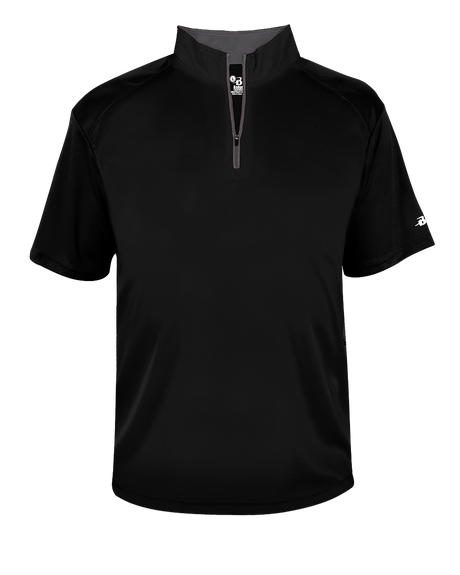 Black short-sleeve pullover with a quarter zip on a white background