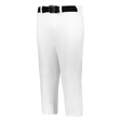 White pants with a black belt on a grey background