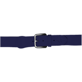 Navy blue belt with a silver buckle on a white background