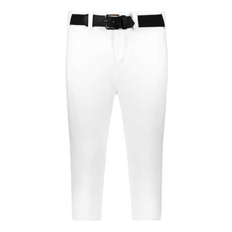 White pants with a black belt on a grey background