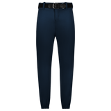Navy blue pants with a black belt on a white background