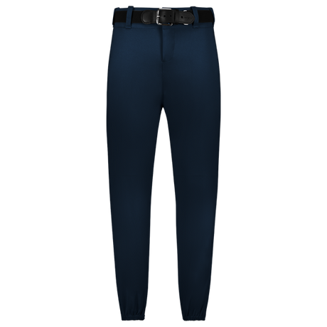 Navy blue pants with a black belt on a white background