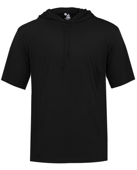 Black short-sleeve hoodie on a white background