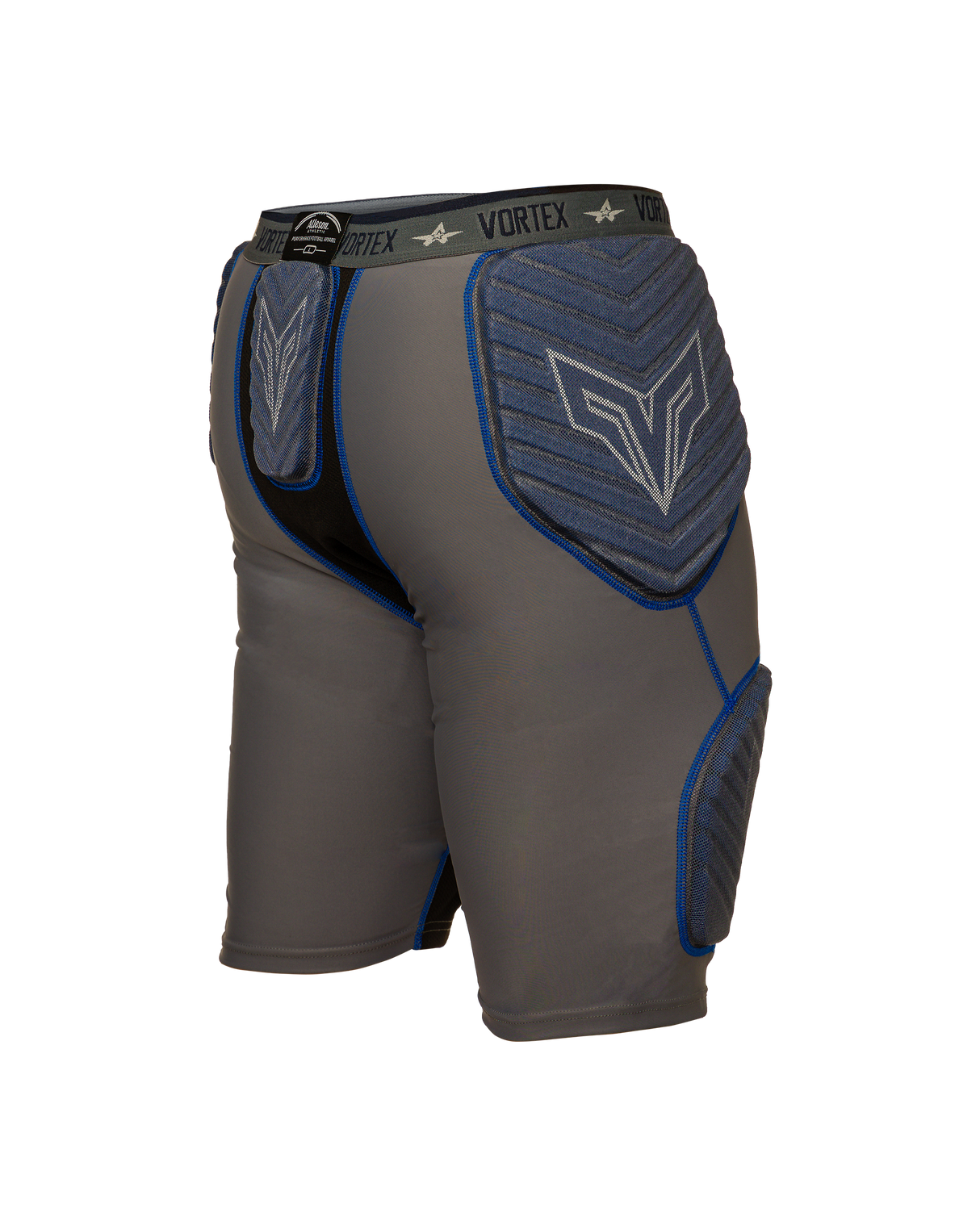 Gray and blue protective shorts with 'Vortex' branding on a white background