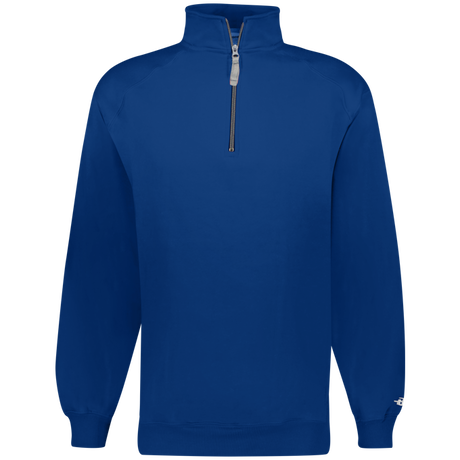 Blue pullover with a quarter zip on a white background