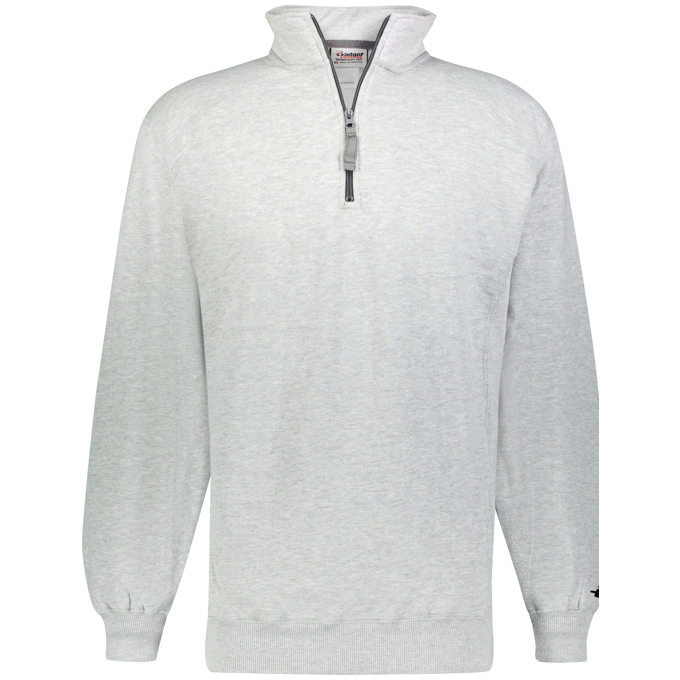 Gray quarter-zip sweatshirt on a white background