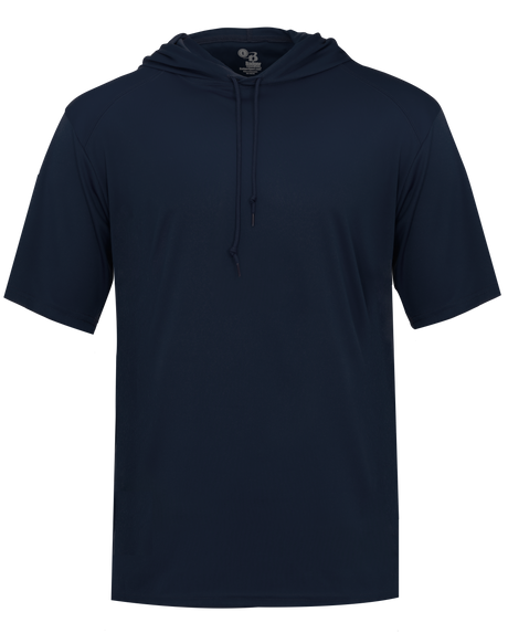 Navy blue hoodie with short sleeves on a white background