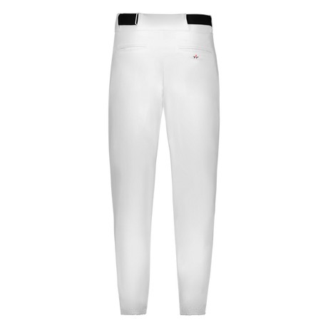 White riding pants with a black waistband on a white background