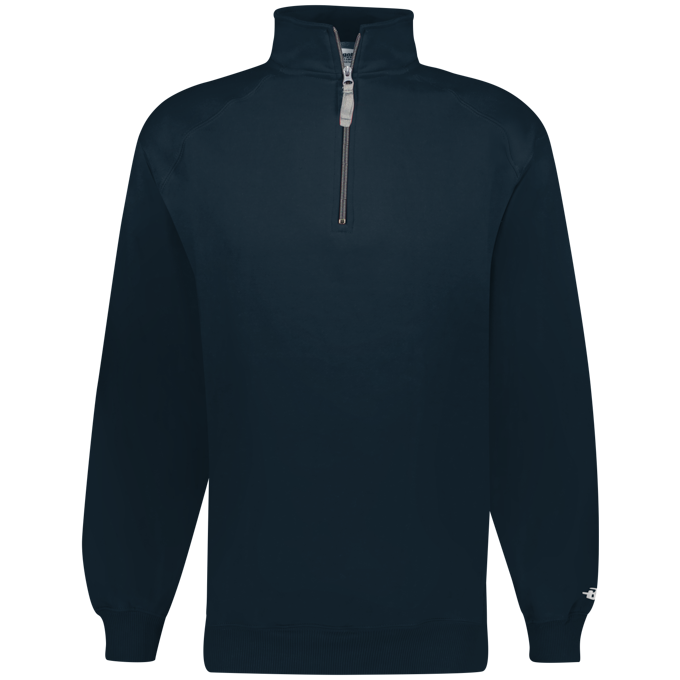 Navy blue pullover with a quarter-zip design on a white background