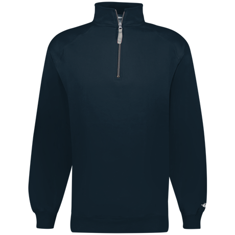 Navy blue pullover with a quarter-zip design on a white background