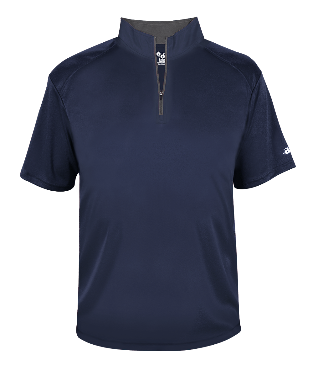Navy short-sleeve shirt with a quarter zip on a white background