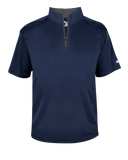 Navy short-sleeve shirt with a quarter zip on a white background