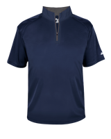 Navy short-sleeve shirt with a quarter zip on a white background