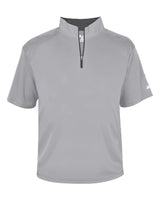 Gray short-sleeve shirt with a quarter zip on a white background