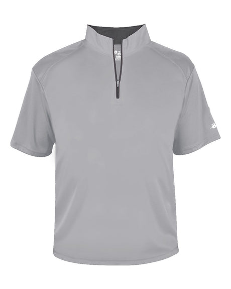 Gray short-sleeve shirt with a quarter zip on a white background