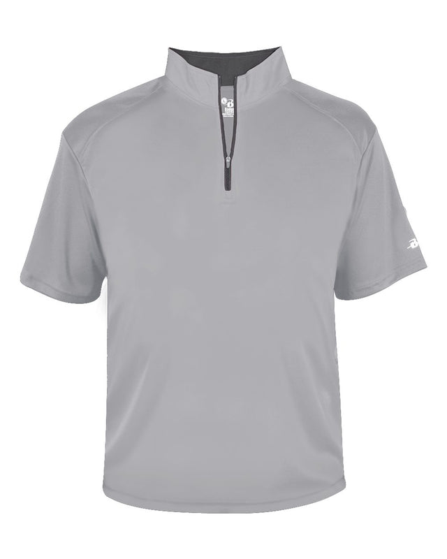 Gray short-sleeve shirt with a quarter zip on a white background