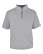 Gray short-sleeve shirt with a quarter zip on a white background