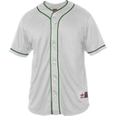 White baseball jersey with green accents on a white background