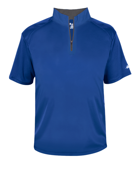 Blue short-sleeve pullover with a zipper on a white background