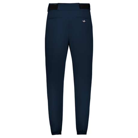 Navy blue pants with a brand logo on a white background