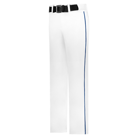 White pants with a black belt and blue stripe on a white background