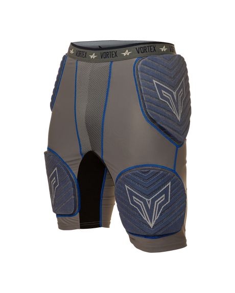 Gray and blue protective shorts with 'Vortex' branding on a white background