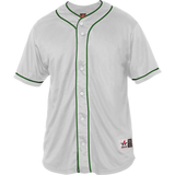 White baseball jersey with green accents on a white background