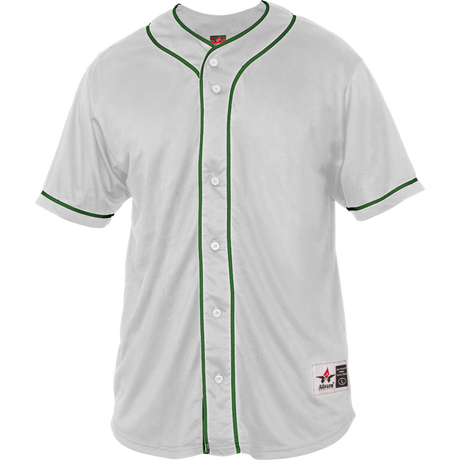 White baseball jersey with green accents on a white background