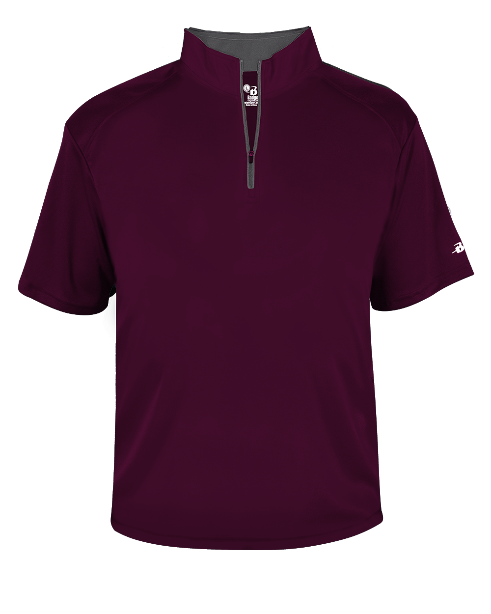 Maroon short-sleeve shirt with a quarter zip on a white background