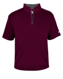Maroon short-sleeve shirt with a quarter zip on a white background