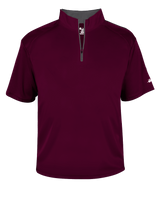 Maroon short-sleeve shirt with a quarter zip on a white background