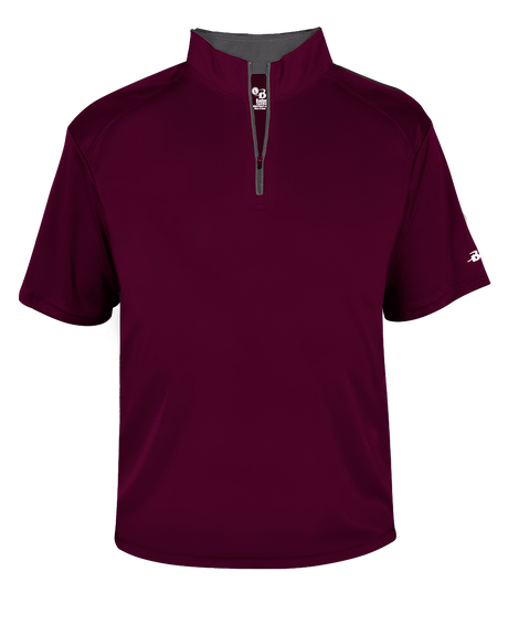 Maroon short-sleeve shirt with a quarter zip on a white background