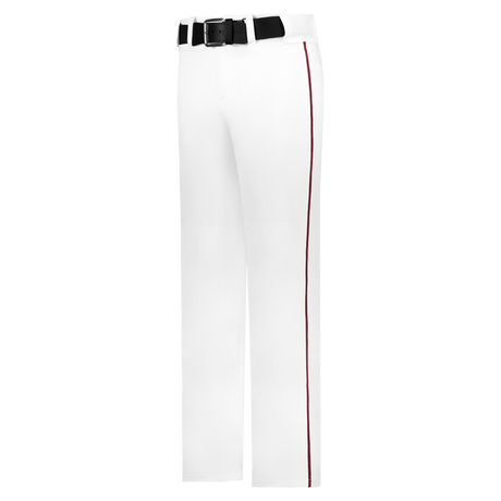 White pants with a red stripe and black belt on a white background