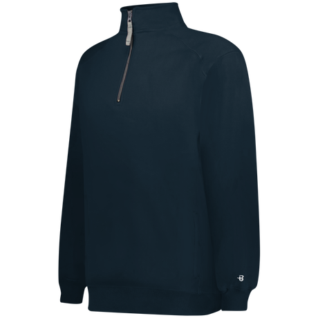 Navy blue pullover with a quarter-zip design on a white background