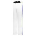 White pants with a blue stripe and black belt on a white background