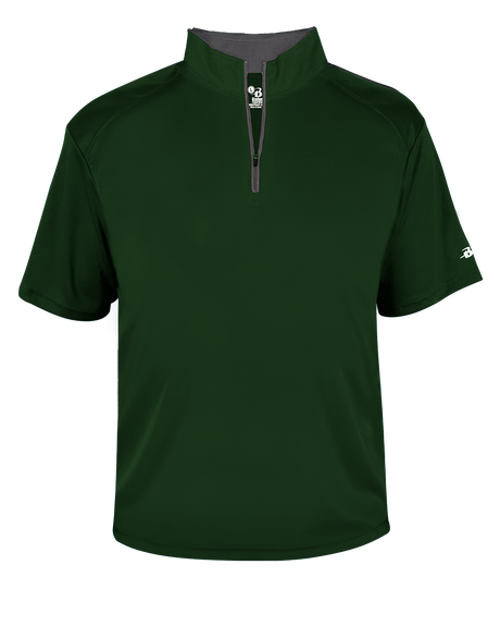 Green short-sleeve pullover with a quarter zip on a white background