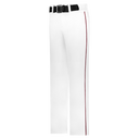 White pants with a red stripe and black belt on a white background