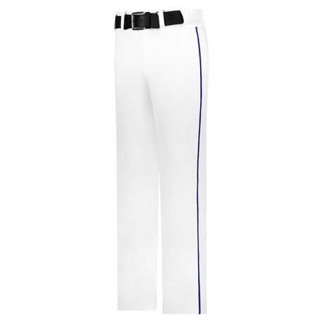 White pants with a blue stripe and black belt on a white background