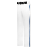 White pants with a black belt and blue stripe on a white background