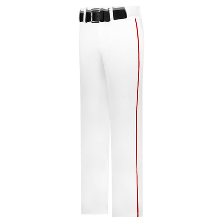 White pants with a red stripe and black belt on a white background