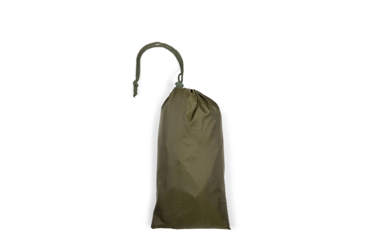 Green drawstring bag with a metal clasp on a white background